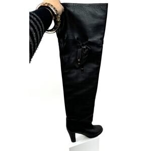 Chloe Black Leather Tie Accent Over The Knee Heel Boots Size 10M